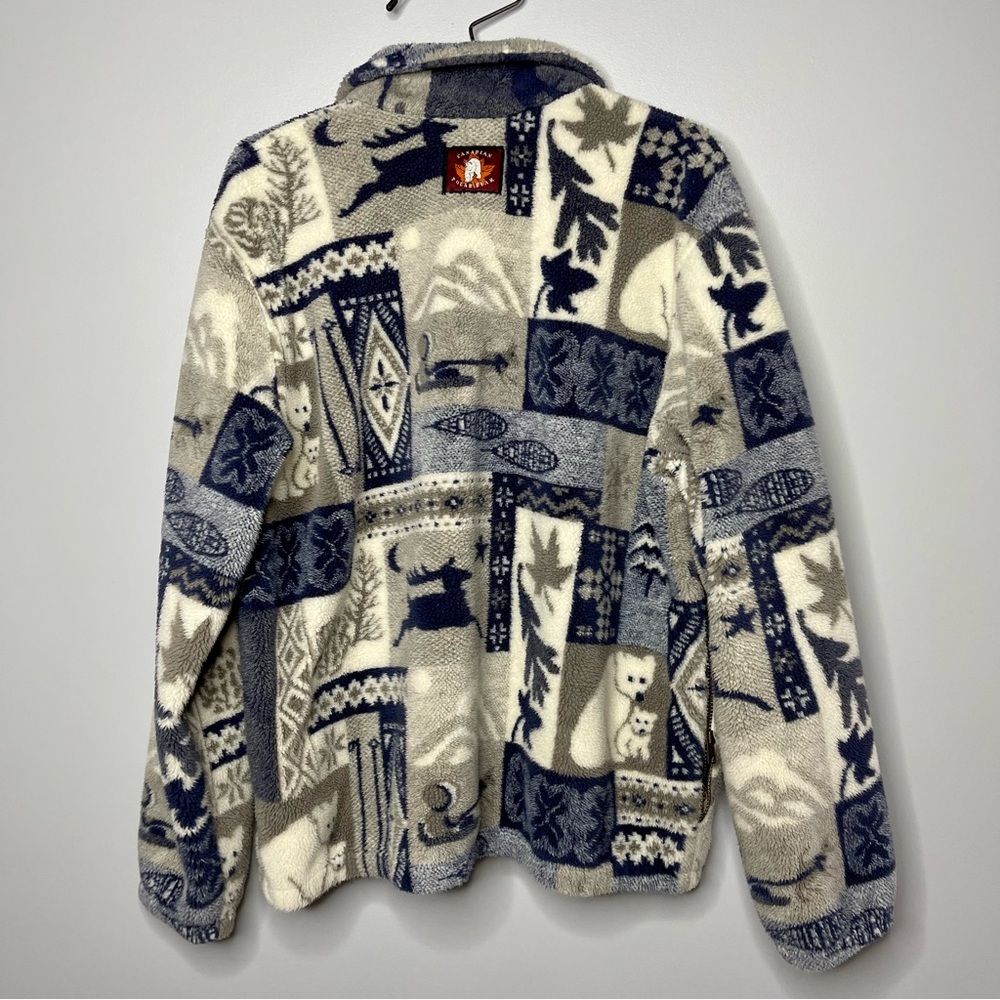 Vintage 90s Northern Teddy Sherpa Fleece Zip Up Print Sweater Jacket L - Picture 4 of 6